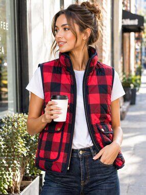 J.Crew Buffalo Plaid Quilted Vest XS Red Black Cabin Core Fall Layering EUC